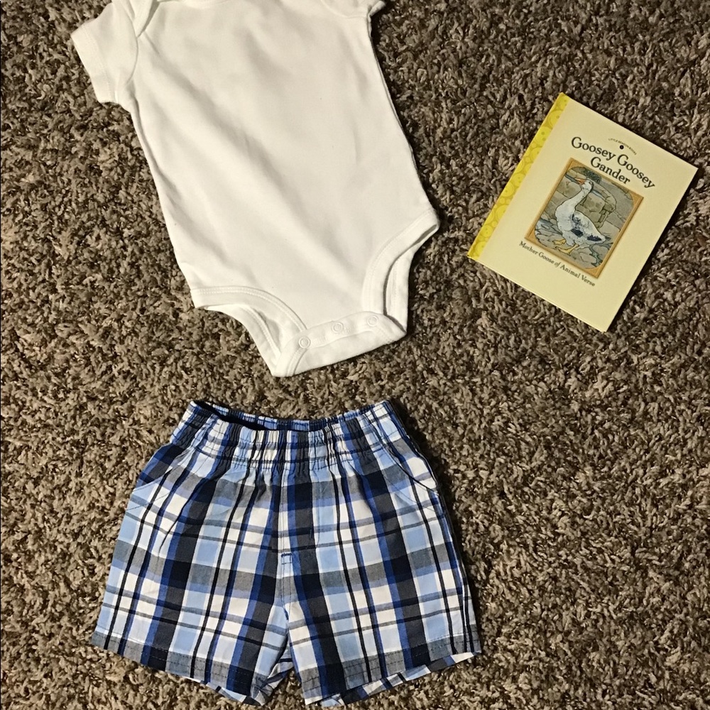 Blue and white plaid shorts and onesie